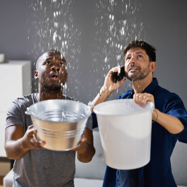 People calling an emergency plumber while catching water coming through the ceiling